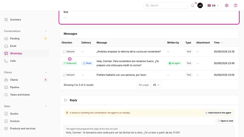 WhatsApp conversation with inbound messages and the AI agent's reply, plus the “Reply” block with the agent on standby.