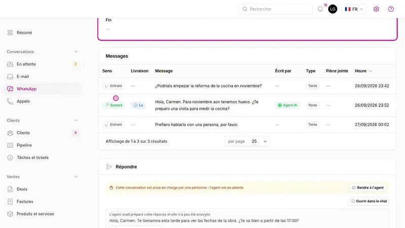 Conversation WhatsApp avec les messages entrants et la réponse de l'agent IA, et le bloc « Répondre » avec l'agent en attente.