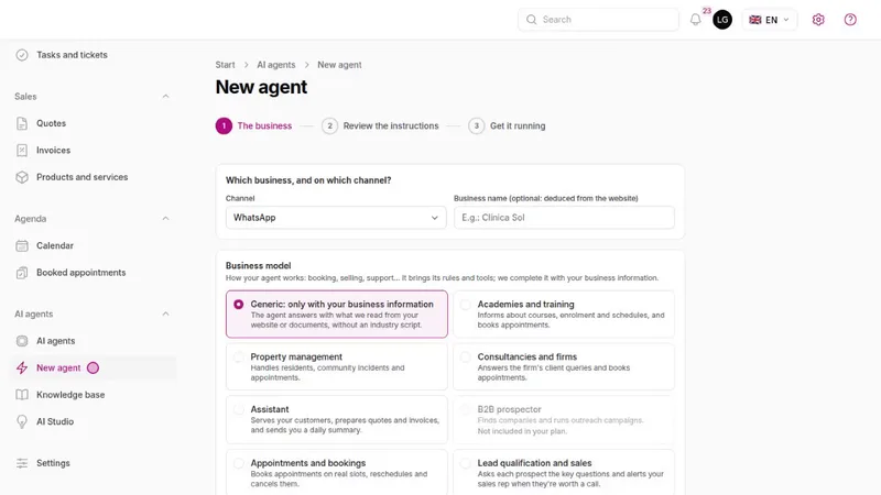 “The business” step of the “New agent” wizard: WhatsApp channel, business name and the list of business models.