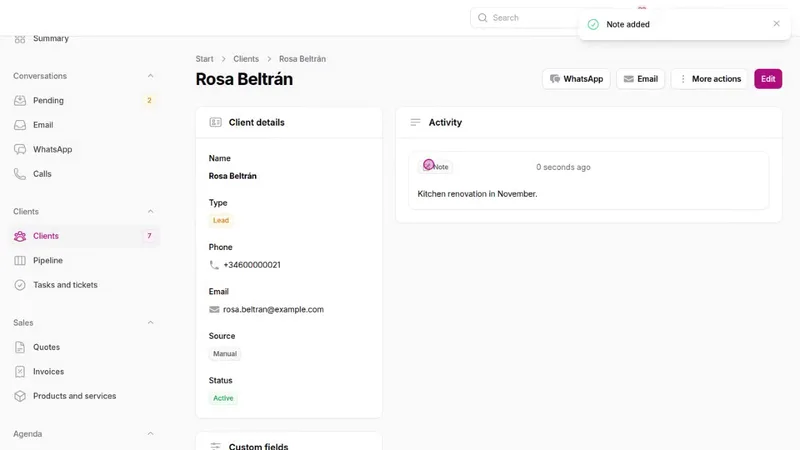 Client record in the Studio CRM: client details on the left and a note in the activity feed on the right.