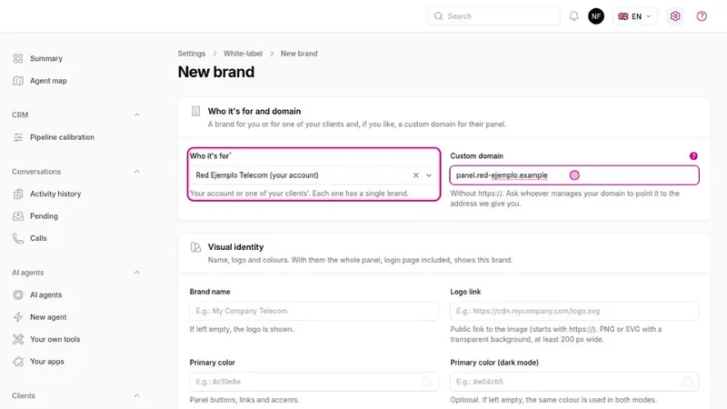 Studio's “New brand” form: who the brand is for, custom domain and visual identity with name, logo and primary colour.