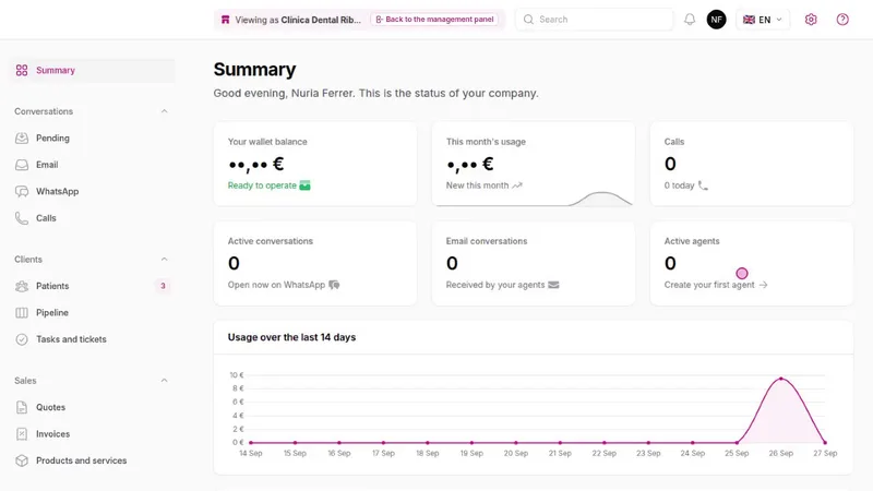 Summary of a client's panel viewed from the reseller account, with the “Viewing as” banner and the “Back to the management panel” button.