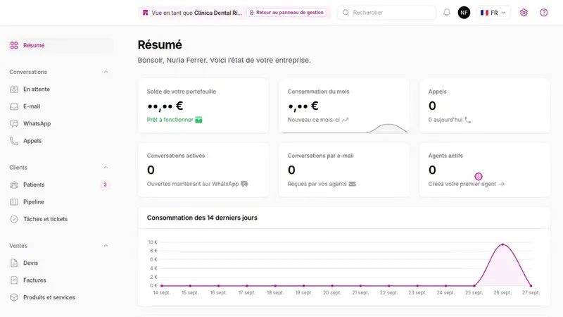 Résumé du panneau d'un client vu depuis le compte du distributeur, avec la mention « Vue en tant que » et le bouton « Retour au panneau de gestion ».